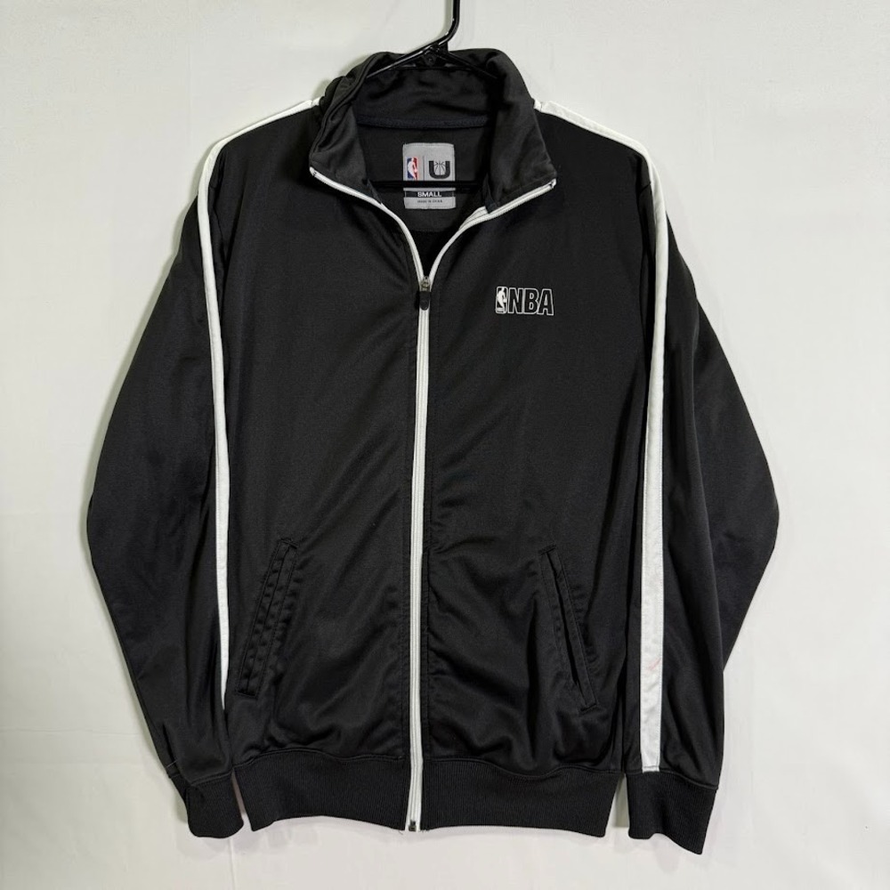 NBA Mens Black White Stripe Full Zip Track Jacket Small Mock Neck Pockets